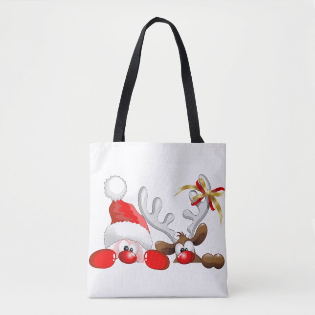 Tote Bag Drôle Père Noël et Reindeer Cartoon (Devant)