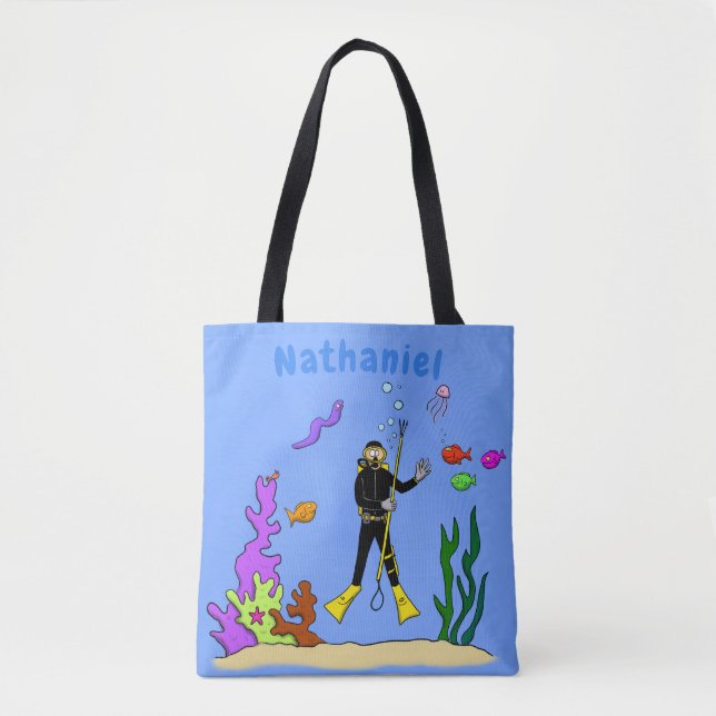 Tote Bag Drôle plongeur et poisson mer créatures dessin ani (Devant)