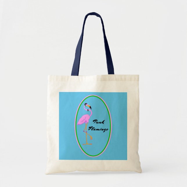 Tote Bag Drôle Punk Flamant rose rose sur Turquoise (Devant)