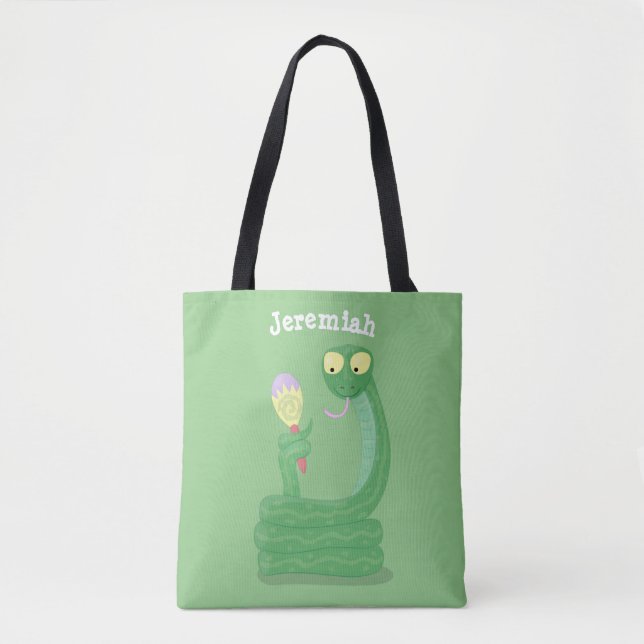 Tote Bag Drôle serpent vert avec caricature maraca (Devant)