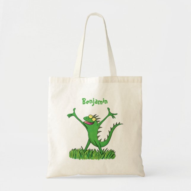 Tote Bag Drôle vert souriant animé lézard d'iguane (Devant)