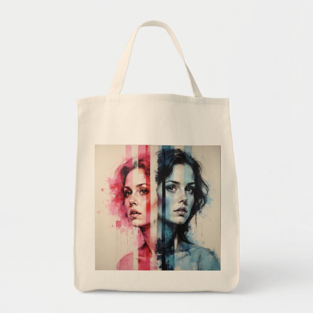 Tote Bag Dualité Rouge et Bleue - Portraits jumeaux dans Ab (Devant)
