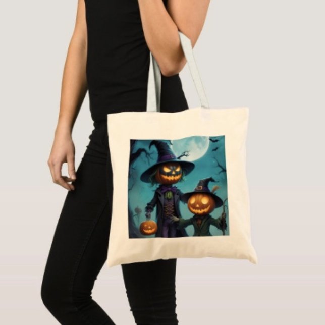 Tote Bag Duo Citrouille éffrayant d'Halloween (100% natural material 100% cotton D: 15.75"l x 15.25"w 5 handle colors
)
