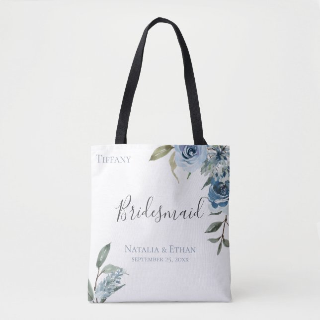 Tote Bag Dusty Bleu Botanique Personnalisée Bridesmaid (Devant)