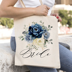 Tote Bag Dusty Blue Champagne Ivory Floral Mariage Bride