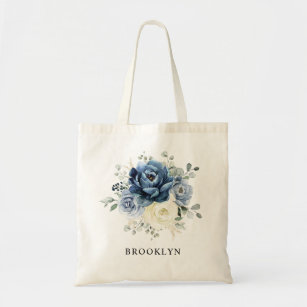 Tote Bag Dusty Blue Navy Champagne Ivory Floral Mariage
