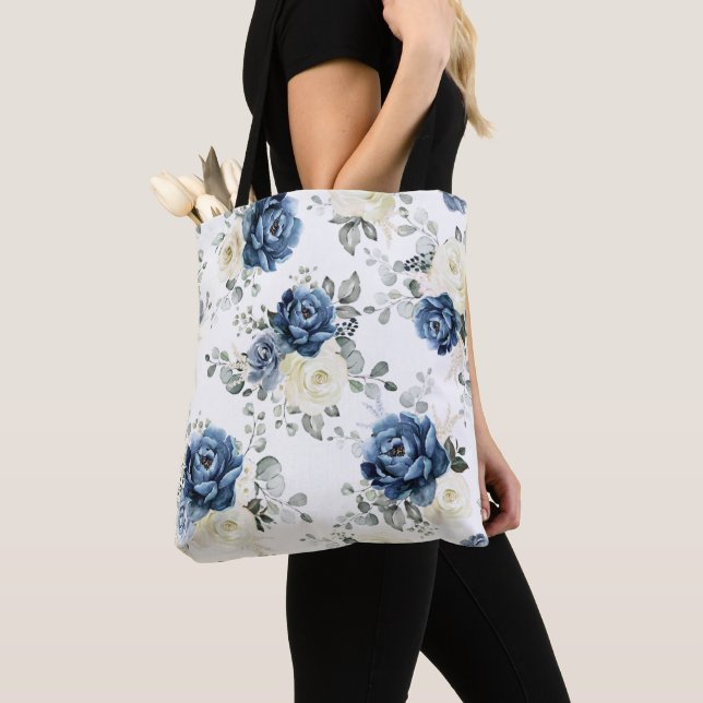 Tote Bag Dusty Blue Navy Champagne Ivory Floral Mariage Tot (De près)