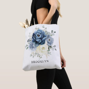 Tote Bag Dusty Blue Navy Champagne Mariage floral ivoire To