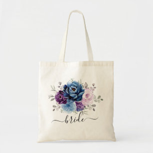 Tote Bag Dusty Blue Purple Navy Lilac Blooms Mariage
