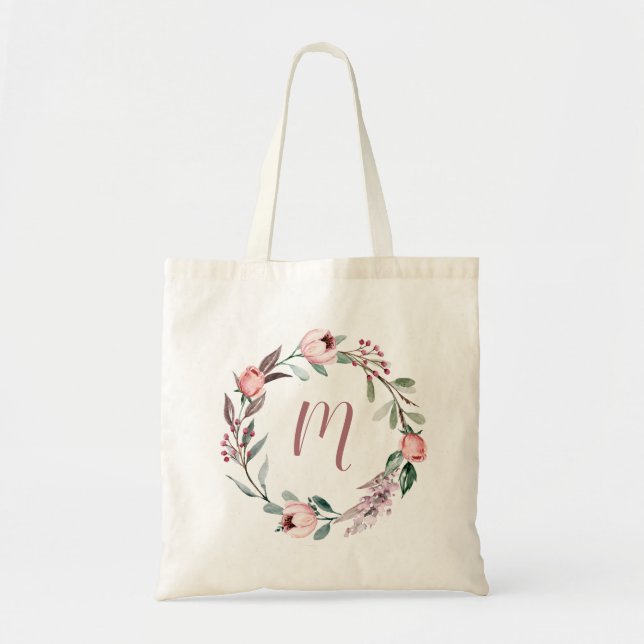 Tote Bag Dusty Cinnamon Rose Floral Wreath Monogramme (Devant)