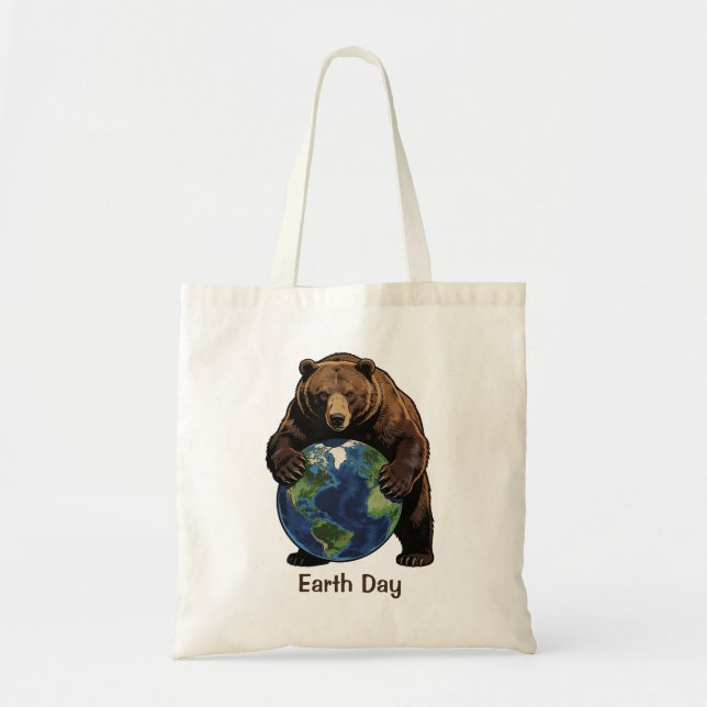 Tote Bag Earth Day Bear Hugging Planet Design  (Devant)