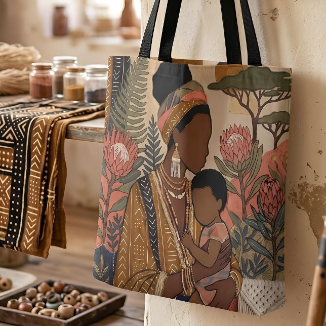 Tote Bag Earthy Heritage | Protea & Mudcloth (Zoom Detail)
