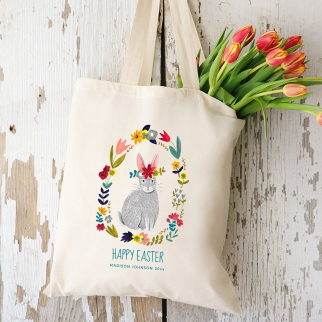Tote Bag Easter bunny floral wreath (Créateur téléchargé)