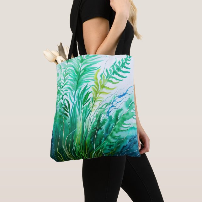 TOTE BAG EAU BLEUE ET VERTE FOND AVEC ALGUES (De près)
