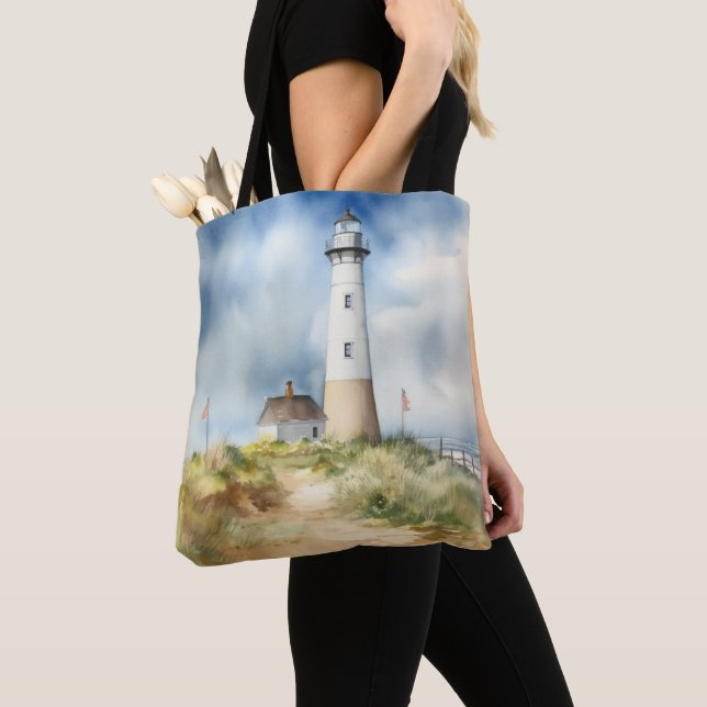 TOTE BAG EAU PASTEL PHARE D'ÉTÉ SUR LA PLAGE (De près)