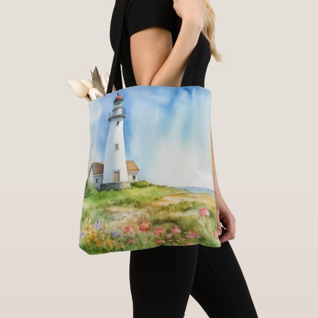TOTE BAG EAU PASTEL PHARE D'ÉTÉ SUR LA PLAGE (De près)