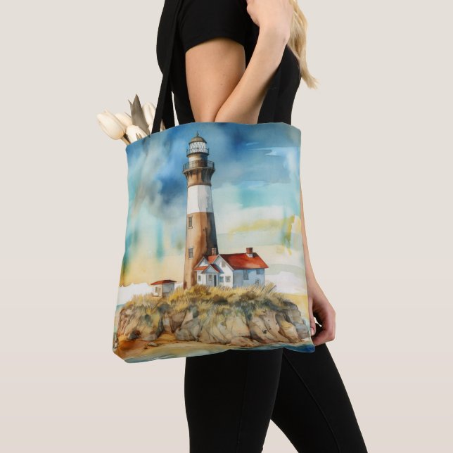 TOTE BAG EAU PASTEL PHARE D'ÉTÉ SUR LA PLAGE (De près)