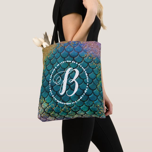 Tote Bag Écaille de Poisson Sirène Glam Turquoise Violet Or (De près)