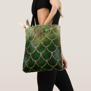 Tote Bag Écaille de poisson sirène scintillante verte et or