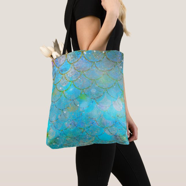 Tote Bag Écailles de sirène brillantes bleu iridescent joli (De près)