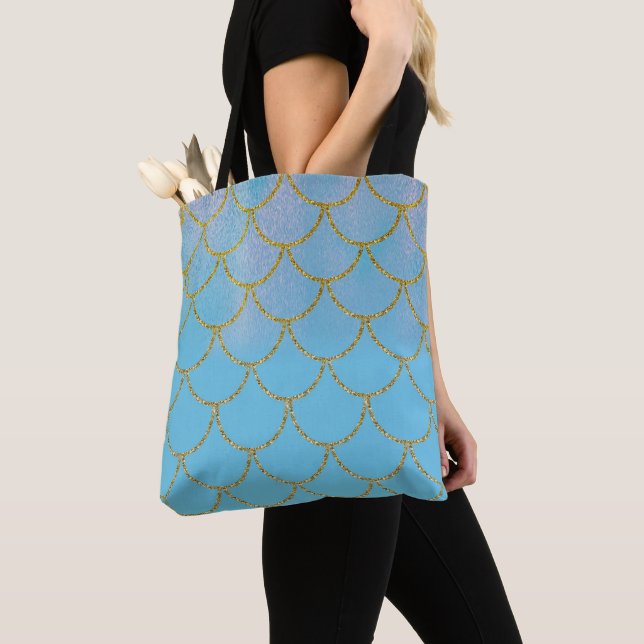 Tote Bag Écailles de sirène iridescentes bleu et or à paill (De près)