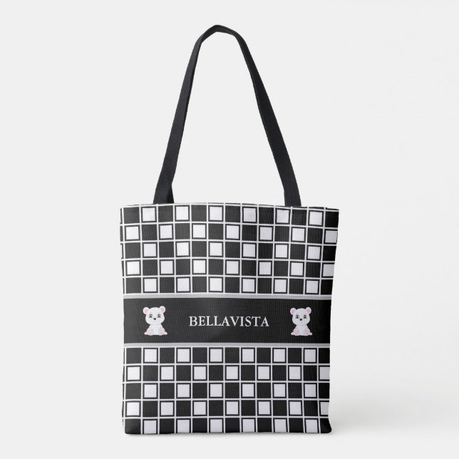 Tote Bag Échecs noirs blancs motifs et ours polaires (Dos)