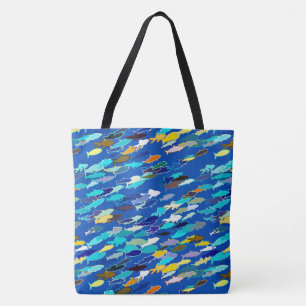 Tote Bag École de poisson, bleu foncé, blanc et turquoise