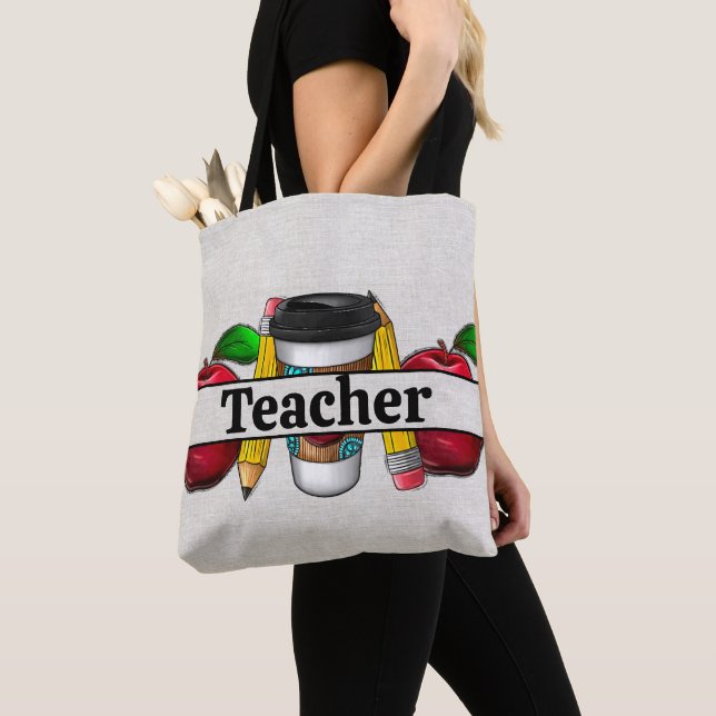 Tote Bag Ecouter le lin avec les pommes et les crayons Ense (De près)