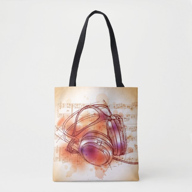 Tote Bag Écouteurs sur un arrière - plan et des notes (Devant)