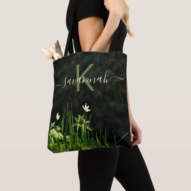 Tote Bag Écriture de nom monogramme fleur sauvage noir blan (De près)