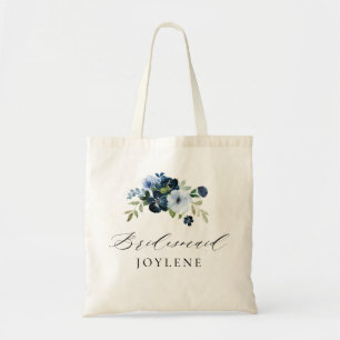 Tote Bag écriture élégante marine bleu floral bridesmaid