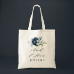Tote Bag écriture élégante marine bleu floral demoiselle d'<br><div class="desc">calligraphie simple script aquarelle marine bleu floral domestique femme d'honneur mariage sac fourre-tout</div>