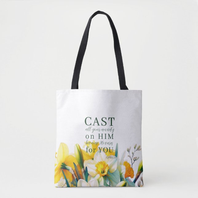 Tote Bag Écriture florale 1 Pierre 5:7 (Devant)