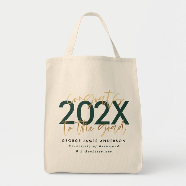 Tote Bag écriture moderne verte et or design graduation (Devant)