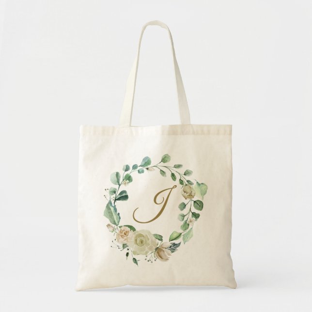 Tote Bag Écriture Monogramme Couronne Florale Rose Crème Ma (Devant)