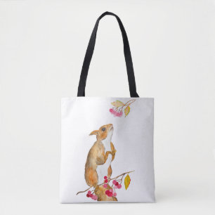 Tote Bag Écureuil aquarelle drôle sur une branche avec des