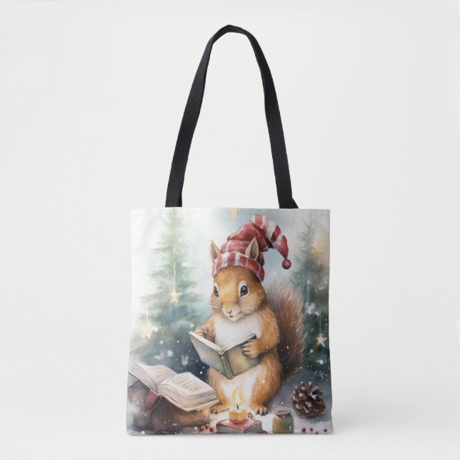 Tote Bag Écureuil de Noël lisant (Devant)