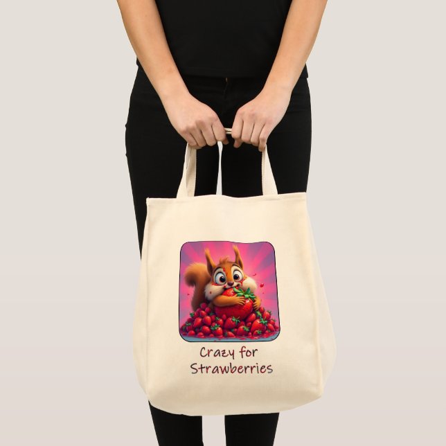 Tote Bag Écureuil duveteux “Fou de fraises”, drôle  (Devant (produit))