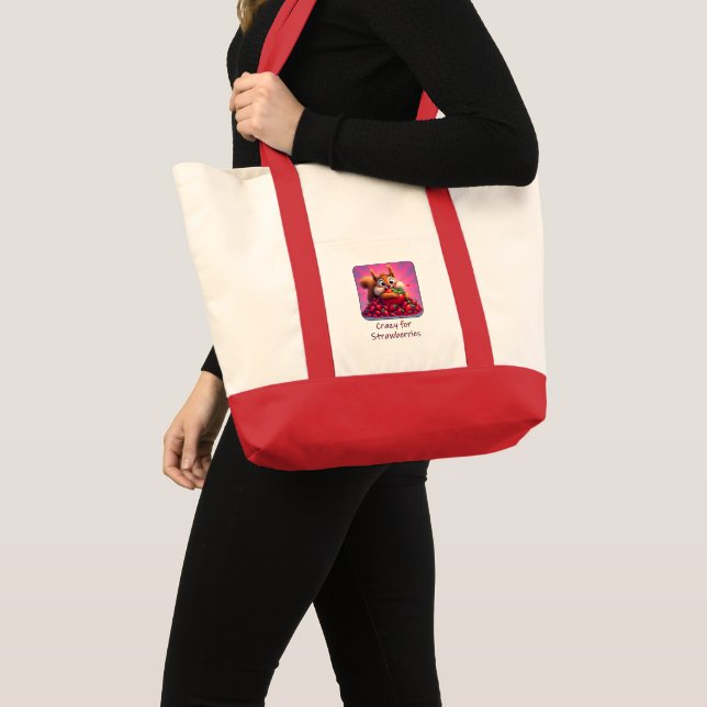 Tote Bag Écureuil duveteux « Fou des fraises », drôle  (Devant (produit))
