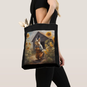 Tote Bag Écureuil fermier devant des tournesols de grange