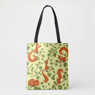 Tote Bag Écureuil rouge dans des branches noisettes.