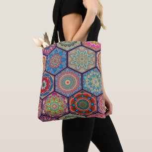 Tote Bag Édredon hexagonal floral coloré exotique Hexie
