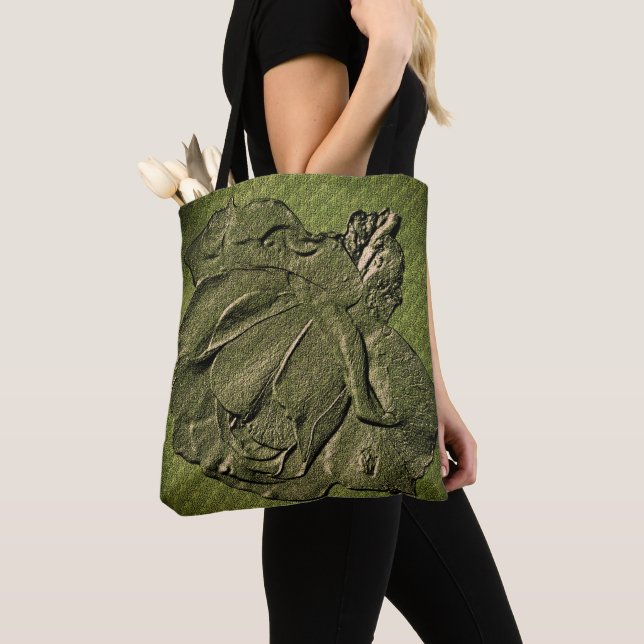 Tote Bag Effet sculpté Vert Rosebud Art Floral (De près)
