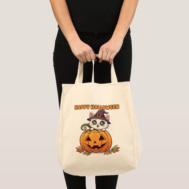 Tote Bag Éffrayant Cute Chibi Chat et Halloween Citrouille (Devant (produit))