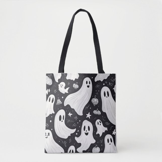 Tote Bag Éffrayant Ghost Halloween noir blanc (Devant)