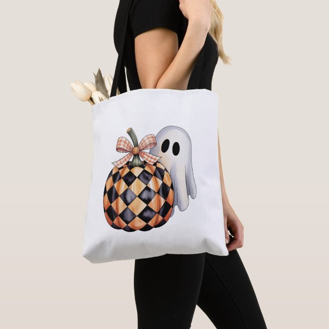 Tote Bag Éffrayant Ghost Peek Halloween T-Shirt, Checkere (De près)