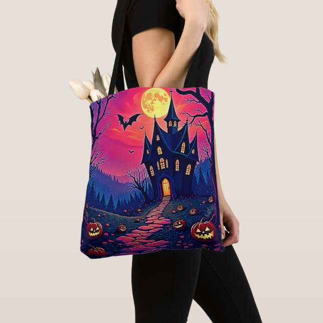 Tote Bag Éffrayant Halloween Haunted Mansion Art (De près)