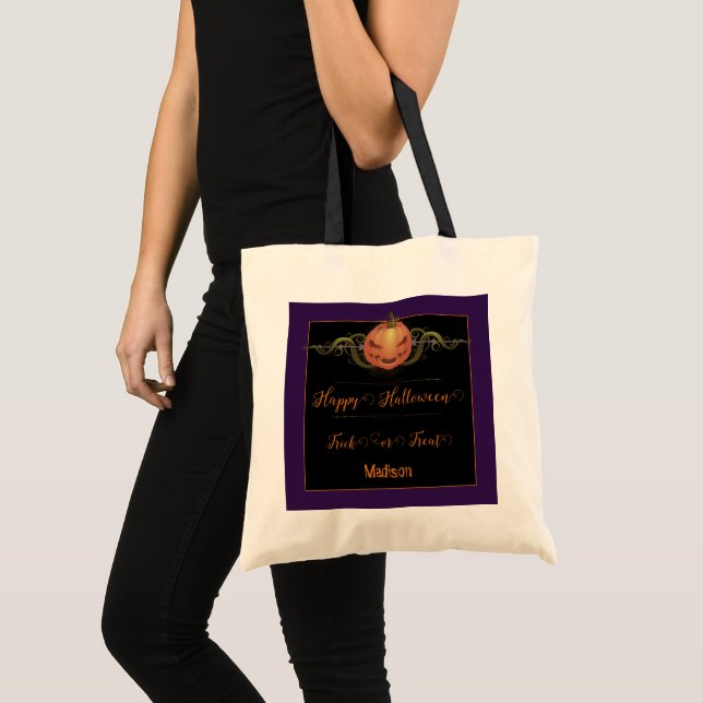 Tote Bag Effrayant Jack-o-Lantern Trick ou Treat | Violet (Devant (produit))