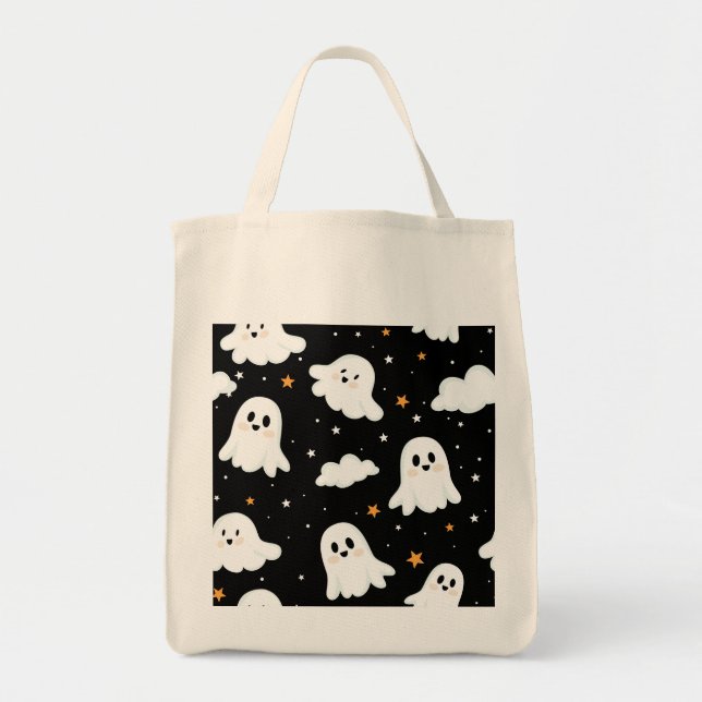Tote Bag Éffrayant mignon Halloween Ghost Nuageux Star Sky (Devant)