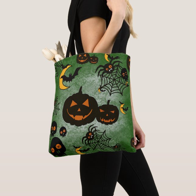 TOTE BAG ÉFFRAYANT VERT HALLOWEEN CITROUILLE LUNES BATS (De près)